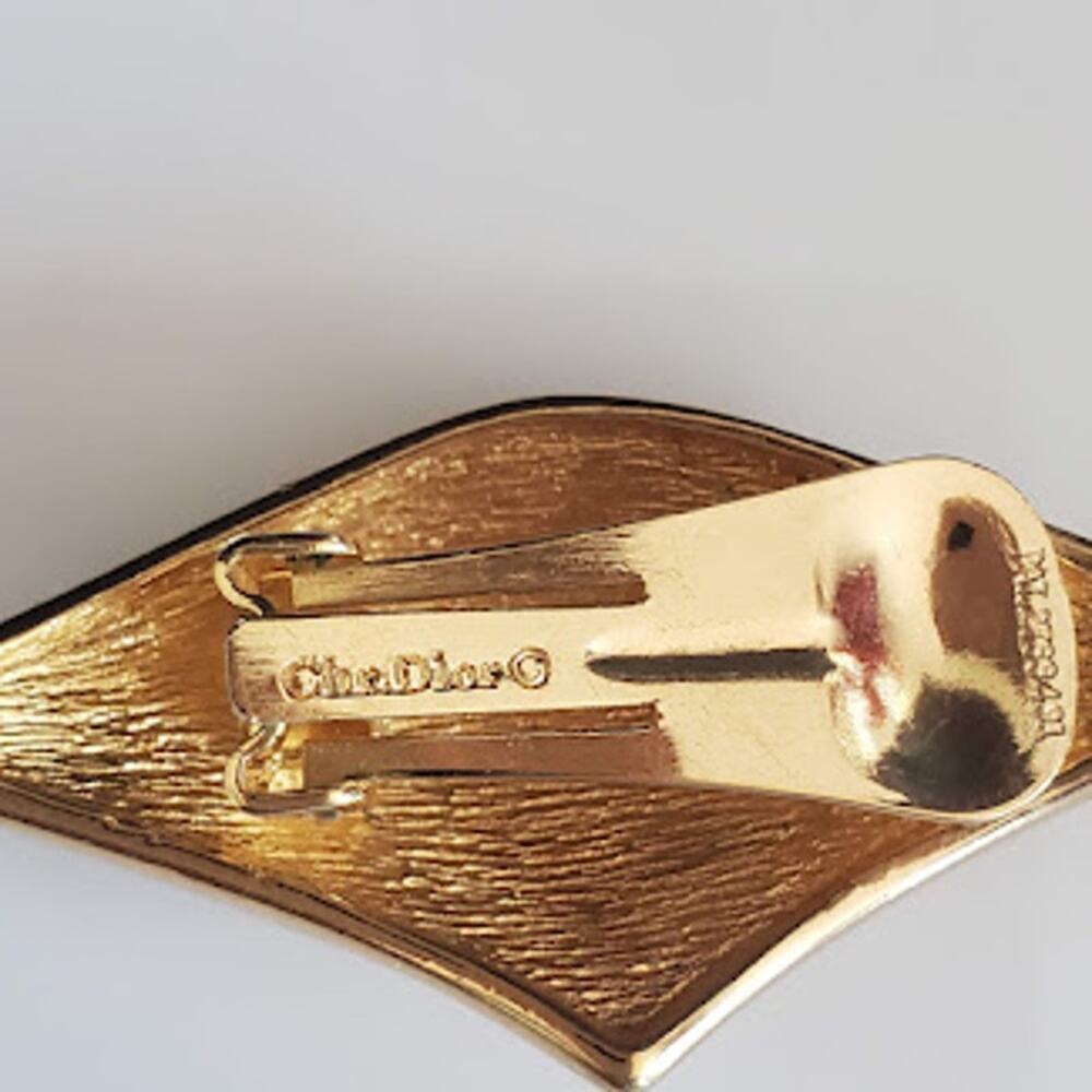 Christian Dior Gold‎ Tone Crystal Black Enamel Clip On Earrings Designer - Picture 5 of 6